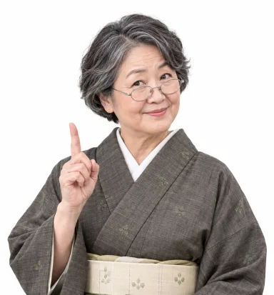 指を立てて講評する、架空の着物の俳句先生